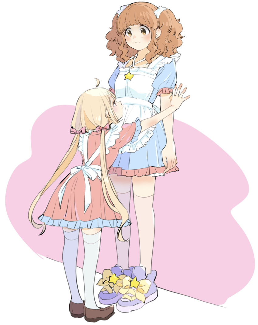 2girls :3 against_wall age_difference ahoge alternate_costume alternate_hairstyle apron arched_bangs blonde_hair blue_dress blue_trim bow brown_eyes brown_footwear brown_hair closed_mouth commentary dot_nose dress frilled_apron frilled_dress frilled_sleeves frills futaba_anzu hair_bow hair_ornament hair_scrunchie height_difference highres idolmaster idolmaster_cinderella_girls kabedon kirakira_p_cyan leaning leaning_forward light_blush loafers long_hair looking_at_another looking_down looking_up low_twintails maid maid_apron medium_bangs moroboshi_kirari multiple_girls pink_background pink_bow pink_dress pink_thighhighs pink_trim purple_footwear scrunchie shoes sidelocks simple_background smile sneakers standing star_(symbol) straight_hair tall_female thigh-highs twintails very_long_hair wall wavy_hair white_apron white_scrunchie white_thighhighs yellow_bow yuri
