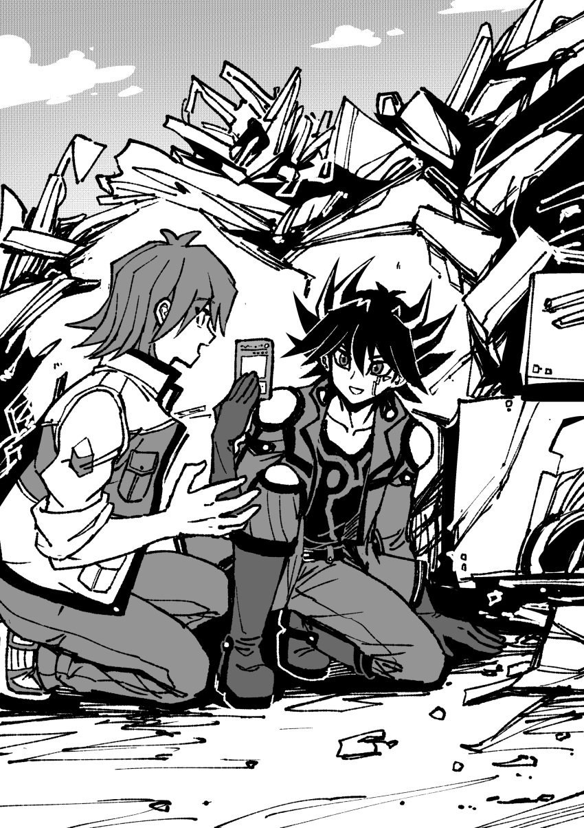 2boys absurdres belt black_hair boots bruno_(yu-gi-oh!) clouds cloudy_sky collarbone commentary_request day facial_mark facial_tattoo facing_to_the_side fudou_yuusei gloves greyscale hand_on_ground hand_up happy high_collar highres holding jacket junkyard kneeling long_sleeves looking_at_another male_focus marking_on_cheek monochrome multiple_boys on_ground on_one_knee open_clothes open_jacket open_mouth outdoors pants screentones shirt shoes short_hair shoulder_pads sky sleeves_rolled_up smile sneakers spiky_hair talking tattoo youko-shima yu-gi-oh! yu-gi-oh!_5d's