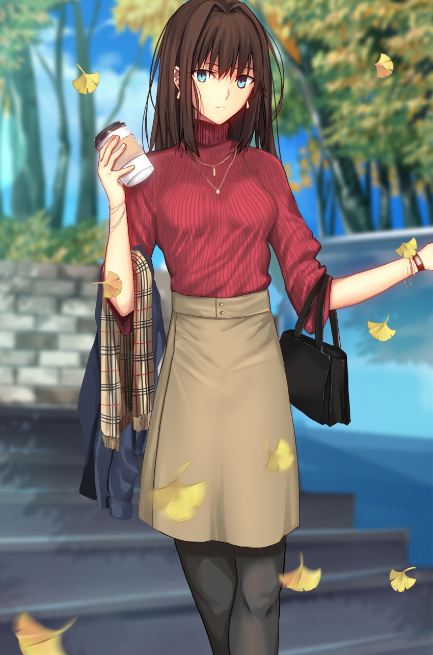 1girl alternate_costume aozaki_aoko autumn_leaves bag black_bag black_pantyhose blue_eyes blue_sky blurry blurry_background breasts brown_hair closed_mouth clouds commentary_request cup day disposable_cup earrings expressionless grey_skirt hair_between_eyes hair_intakes handbag high-waist_skirt highres holding holding_cup iro_(sekaixiro) jewelry long_hair looking_at_viewer mahou_tsukai_no_yoru medium_breasts necklace outdoors pantyhose red_sweater ribbed_sweater skirt sky sleeves_rolled_up solo stairs sweater turtleneck turtleneck_sweater