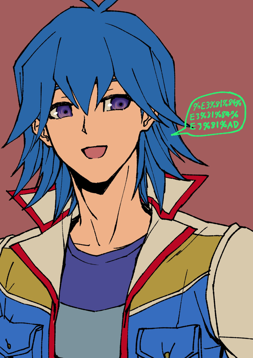 1boy absurdres blue_hair blue_shirt breast_pocket bruno_(yu-gi-oh!) flat_color high_collar highres jacket looking_to_the_side male_focus open_clothes open_jacket open_mouth pocket red_background shirt short_hair simple_background smile solo speech_bubble talking upper_body violet_eyes youko-shima yu-gi-oh! yu-gi-oh!_5d's