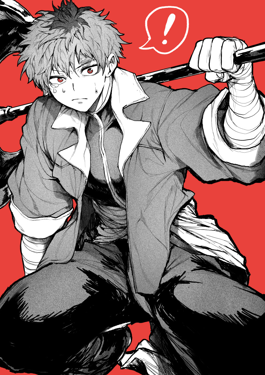 ! 1boy absurdres axe bandaged_arm bandages commentary_request greyscale greyscale_with_colored_background highres holding holding_axe holding_weapon jacket long_sleeves looking_at_viewer male_focus monochrome pants red_background red_eyes short_hair solo sousou_no_frieren spoken_exclamation_mark stark_(sousou_no_frieren) weapon yotsumi_shiro