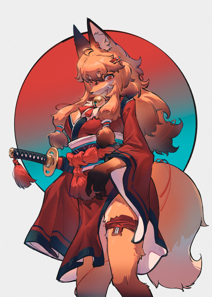 1girl absurdres ahoge animal_ear_fluff animal_ears bell body_fur feet_out_of_frame fewer_digits fox_ears fox_girl fox_tail from_side furry furry_female hair_ornament hair_tubes hairclip highres japanese_clothes jewelry jingle_bell katana kimono long_hair looking_at_viewer mouth_hold neck_bell obi obijime orange_fur orange_hair original red_eyes red_kimono red_ribbon ribbon ring sash shiiorina sidelocks sideways_mouth simple_background solo standing sword tail tassel thigh_strap two-sided_fabric weapon white_background wide_sleeves