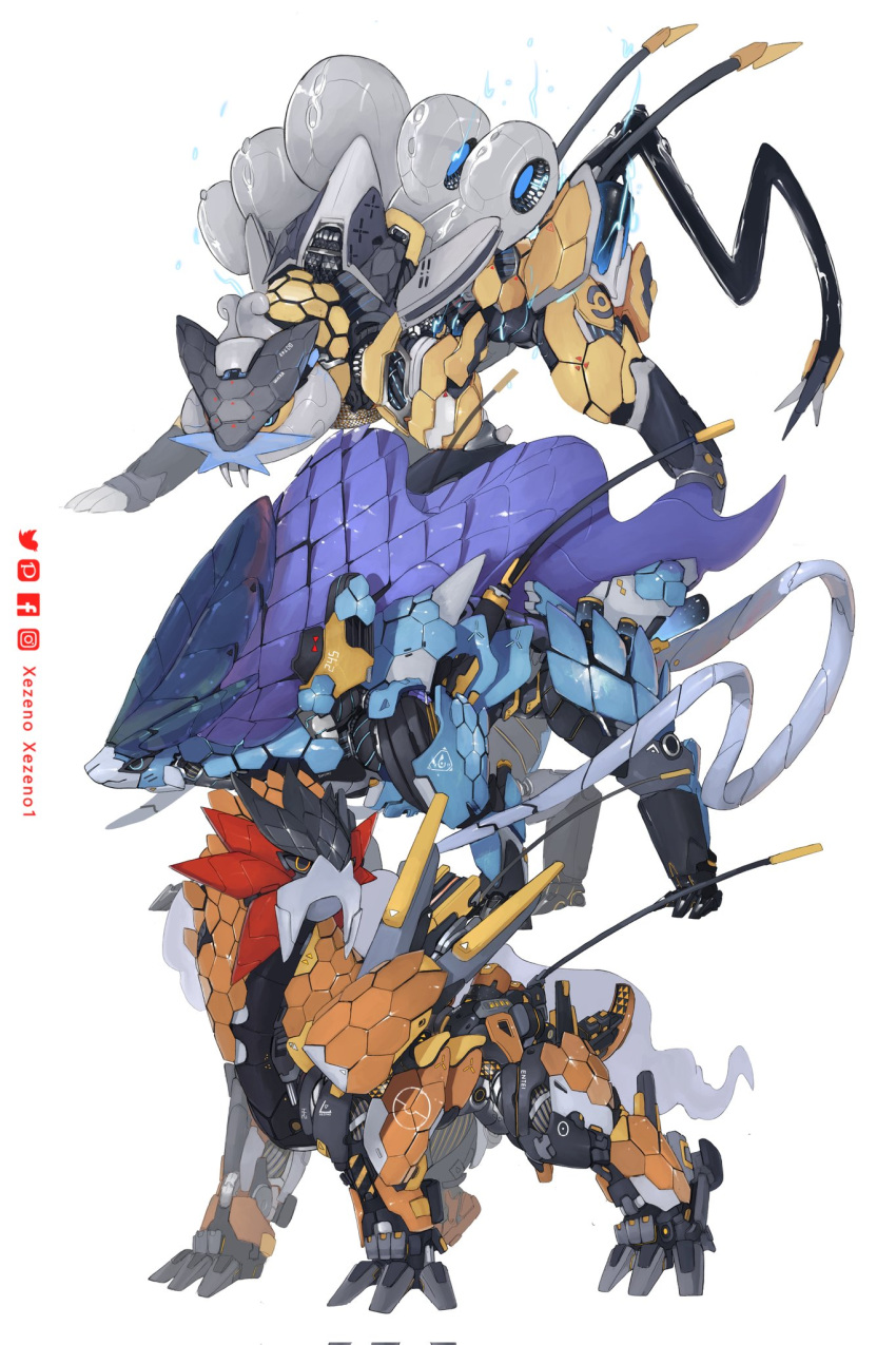 animal_focus artist_name blue_eyes cable claws commentary electricity english_commentary entei facebook_logo facebook_username fangs from_side full_body highres instagram_logo instagram_username looking_to_the_side mecha mechanical_tail mechanization no_humans orange_eyes pixiv_logo pixiv_username pokemon pokemon_(creature) radio_antenna raikou robot science_fiction shadow simple_background solo suicune tail twitter_logo twitter_username white_background xezeno