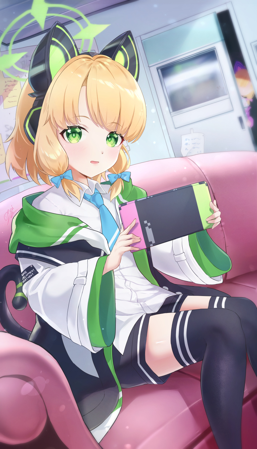 2girls absurdres black_skirt black_thighhighs blonde_hair blue_archive blue_bow blue_necktie bow cat_tail collared_shirt couch door green_eyes green_halo hair_bow halo handheld_game_console highres holding holding_handheld_game_console jacket looking_at_viewer midori_(blue_archive) mixed-language_commentary momoi_(blue_archive) multiple_girls necktie on_couch open_clothes open_jacket open_mouth pink_bow punimon_(user_ymmd3824) shirt short_hair siblings sisters sitting skirt solo_focus sticky_note tail thigh-highs twins two-sided_fabric two-sided_jacket white_jacket white_shirt