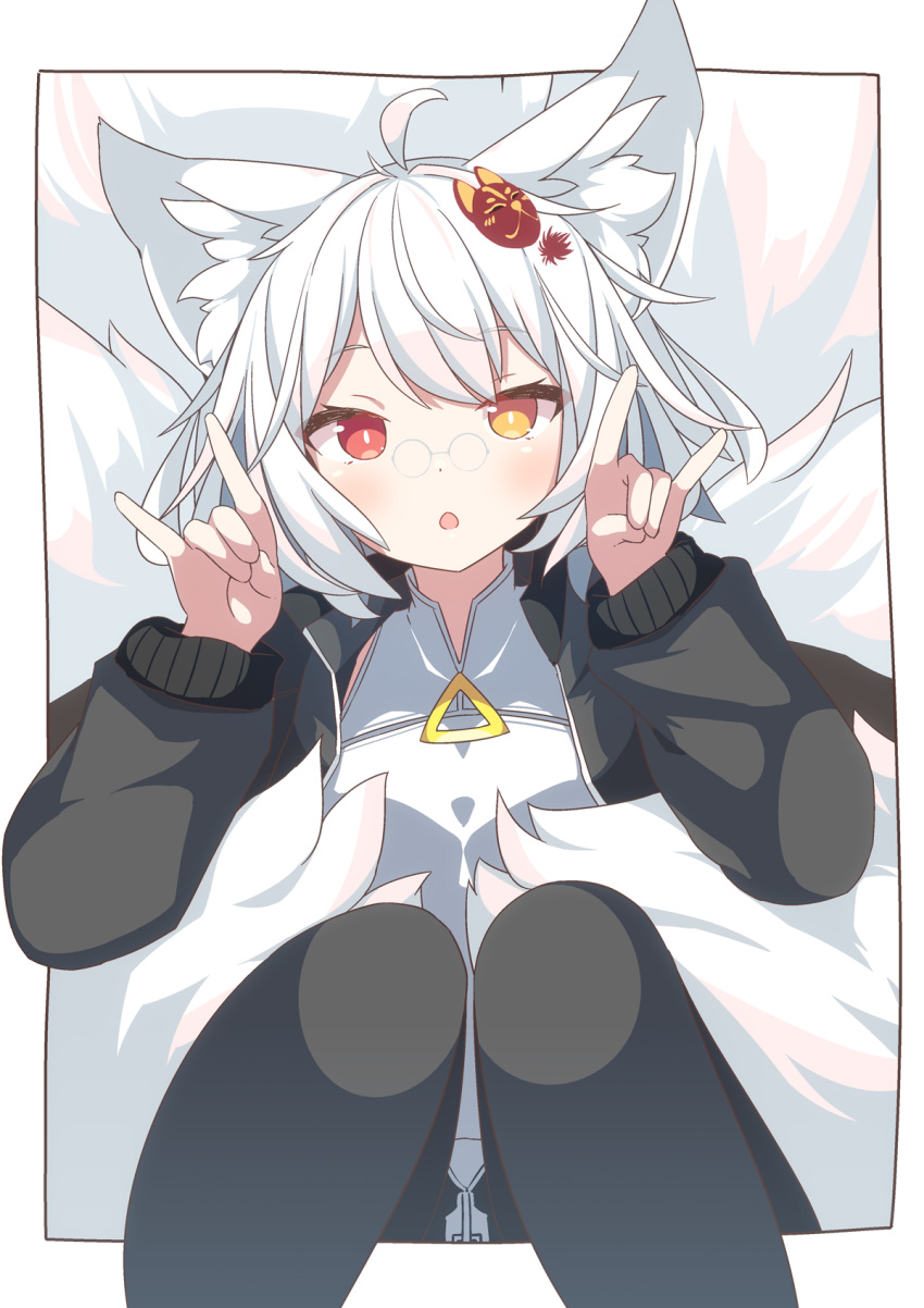 1girl :o ahoge animal_ear_fluff animal_ears black_jacket black_pantyhose blush cat_mask commission copyright_request daidai_ookami double_fox_shadow_puppet feet_out_of_frame fox_shadow_puppet hands_up heterochromia highres jacket knees_together_feet_apart knees_up long_hair long_sleeves looking_at_viewer mask mask_on_head open_clothes open_jacket orange_eyes pantyhose parted_lips pince-nez puffy_long_sleeves puffy_sleeves red_eyes shirt skeb_commission solo tail white_hair white_shirt