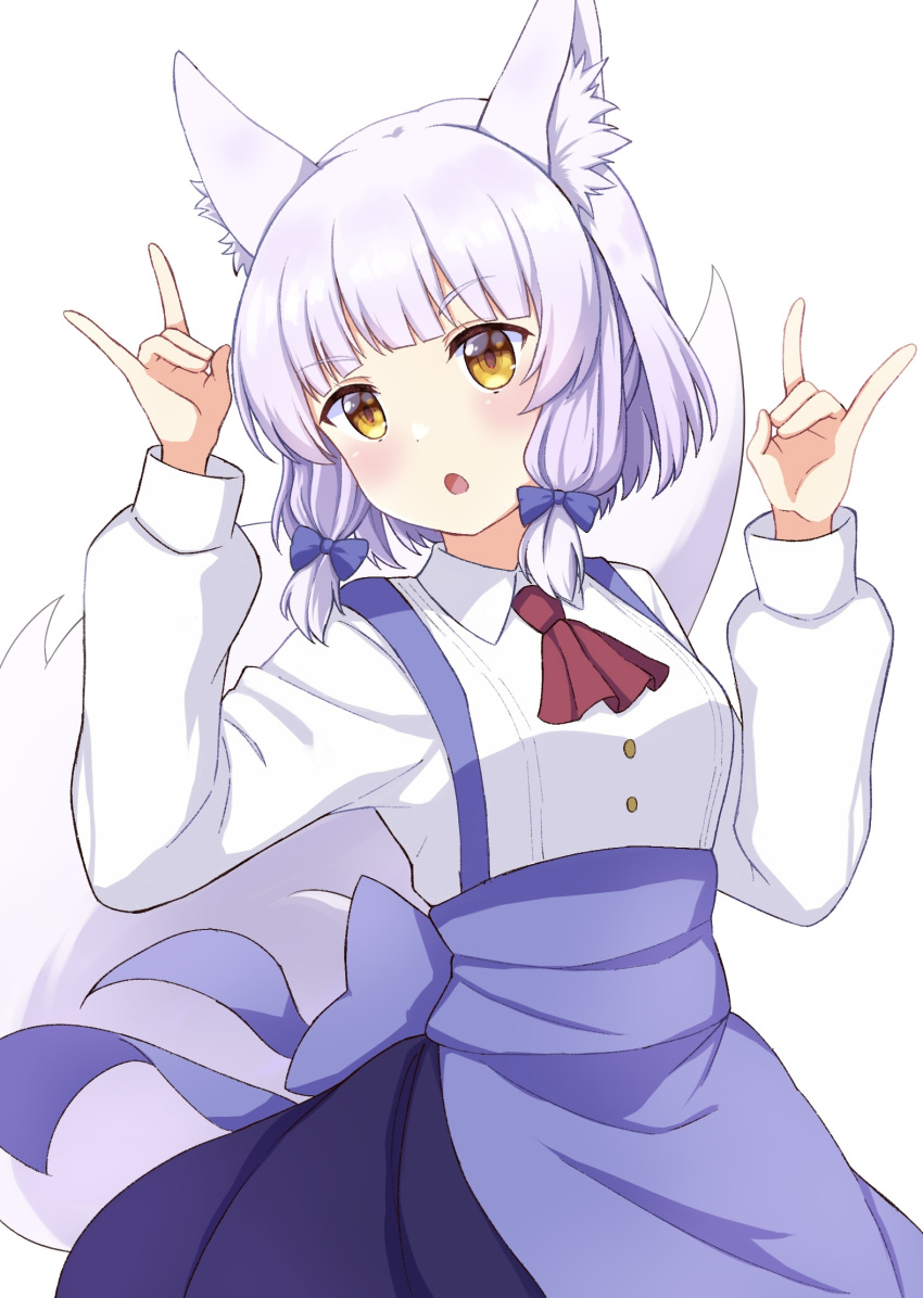 1girl :o animal_ear_fluff animal_ears apron ascot back_bow blue_apron blue_bow blue_hair blue_skirt blunt_bangs blush bow collared_shirt commentary_request cowboy_shot double_fox_shadow_puppet fox_ears fox_girl fox_shadow_puppet fox_tail hair_bow hands_up highres long_sleeves looking_to_the_side machikado_mazoku open_mouth red_ascot riko_(machikado_mazoku) sanz_zzz shirt short_eyebrows short_hair sidelocks simple_background skirt solo standing suspender_skirt suspenders tail v-shaped_eyebrows white_background white_shirt yellow_eyes