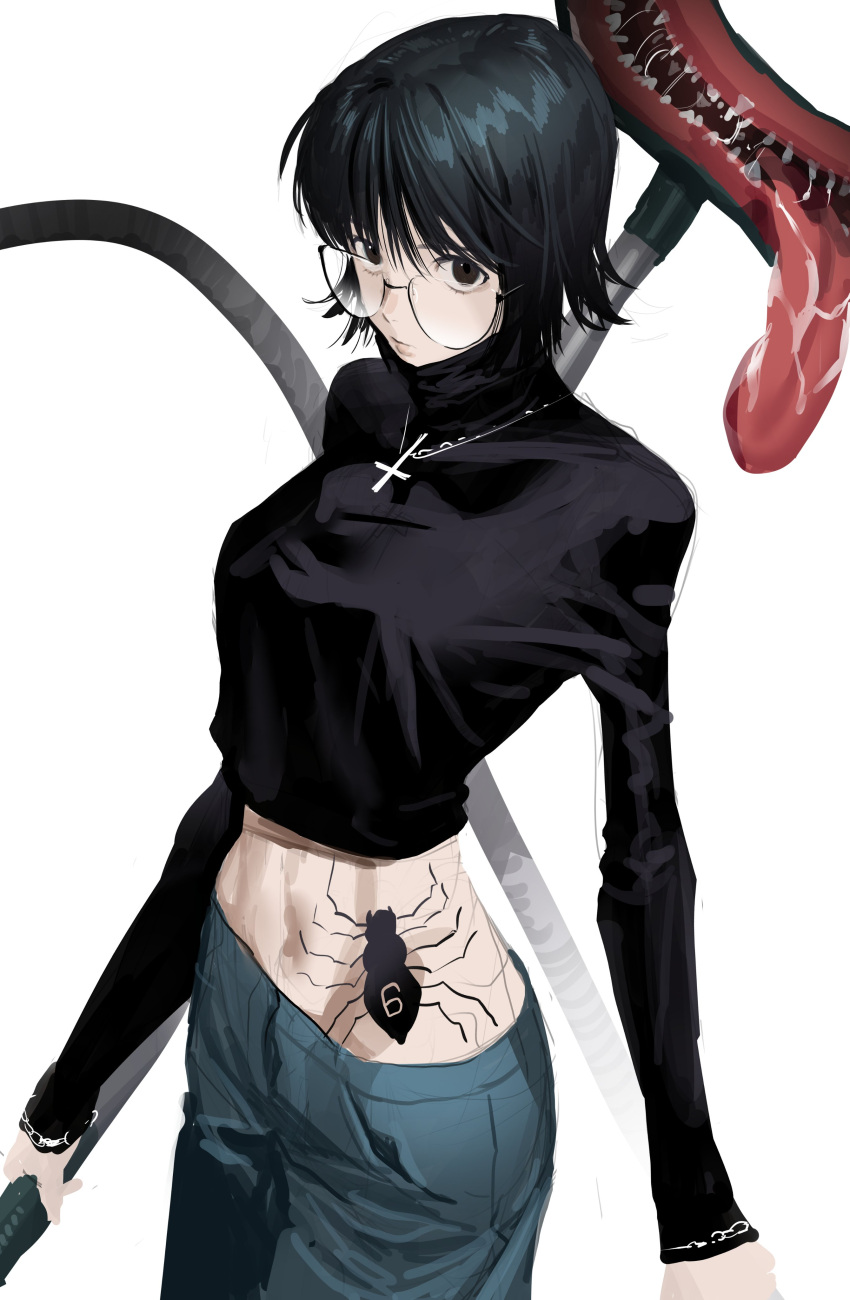 1girl absurdres black_eyes black_hair black_shirt black_sweater bug chain chamuring collared_shirt crop_top cross cross_necklace denim highres holding hunter_x_hunter jeans jewelry looking_at_viewer midriff monster navel necklace number_tattoo pants shirt shizuku_murasaki short_hair solo spider stomach_tattoo sweater tattoo teeth tongue tongue_out turtleneck turtleneck_sweater vacuum_cleaner white_background