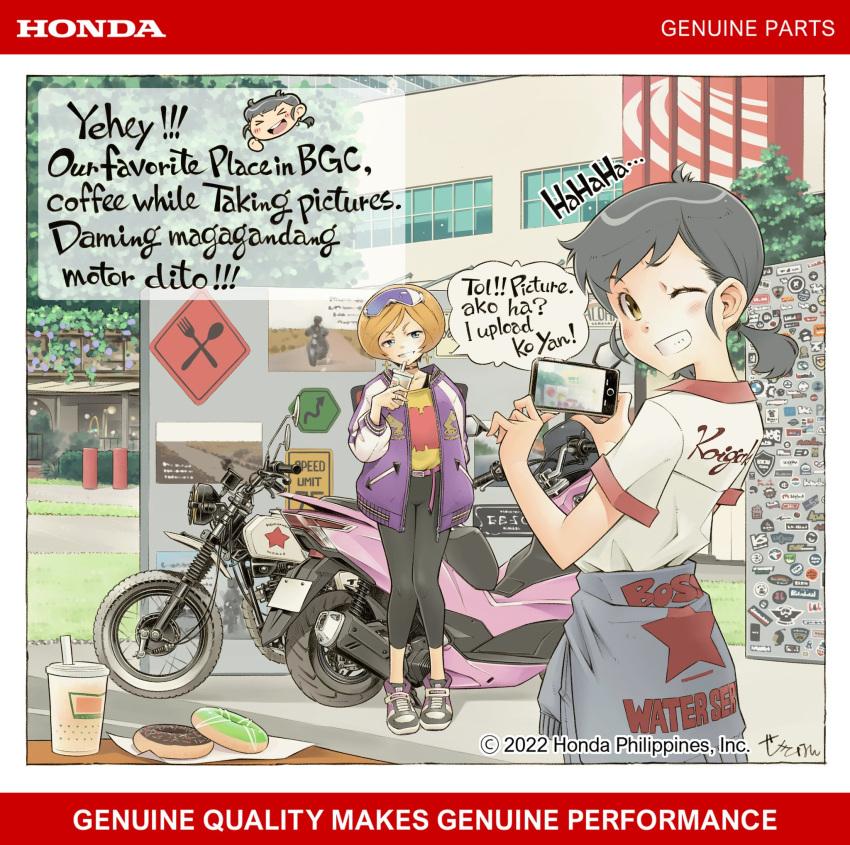 2girls :d ad anji_(genie's_motorcycle_life) black_pants blue_eyes cellphone collared_shirt copyright_notice cross cross_earrings cup doughnut earrings food genie's_motorcycle_life genie_(genie's_motorcycle_life) goggles goggles_on_head grey_hair grin highres holding holding_phone honda honda_pcx150 iphone jacket jewelry jumpsuit jumpsuit_around_waist krispy_kreme looking_at_viewer low_twintails mixed-language_text motor_vehicle motorcycle multiple_girls one_eye_closed open_clothes open_jacket orange_hair outdoors pants philippines phone print_jumpsuit print_shirt purple_jacket real_world_location scooter sekihan shirt shirt_tucked_in shoes short_hair smartphone smile sneakers speech_bubble tagalog_text translated twintails white_shirt yellow_eyes yellow_shirt