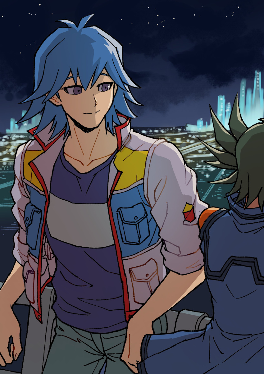 2boys absurdres against_railing black_hair blue_hair blue_jacket blue_shirt city cityscape facing_away high_collar highres jacket leaning looking_at_another looking_to_the_side male_focus multiple_boys night night_sky open_clothes open_jacket pants railing shirt short_hair shoulder_pads sky skyline sleeves_rolled_up smile spiky_hair standing star_(sky) t-shirt violet_eyes white_jacket youko-shima yu-gi-oh! yu-gi-oh!_5d's