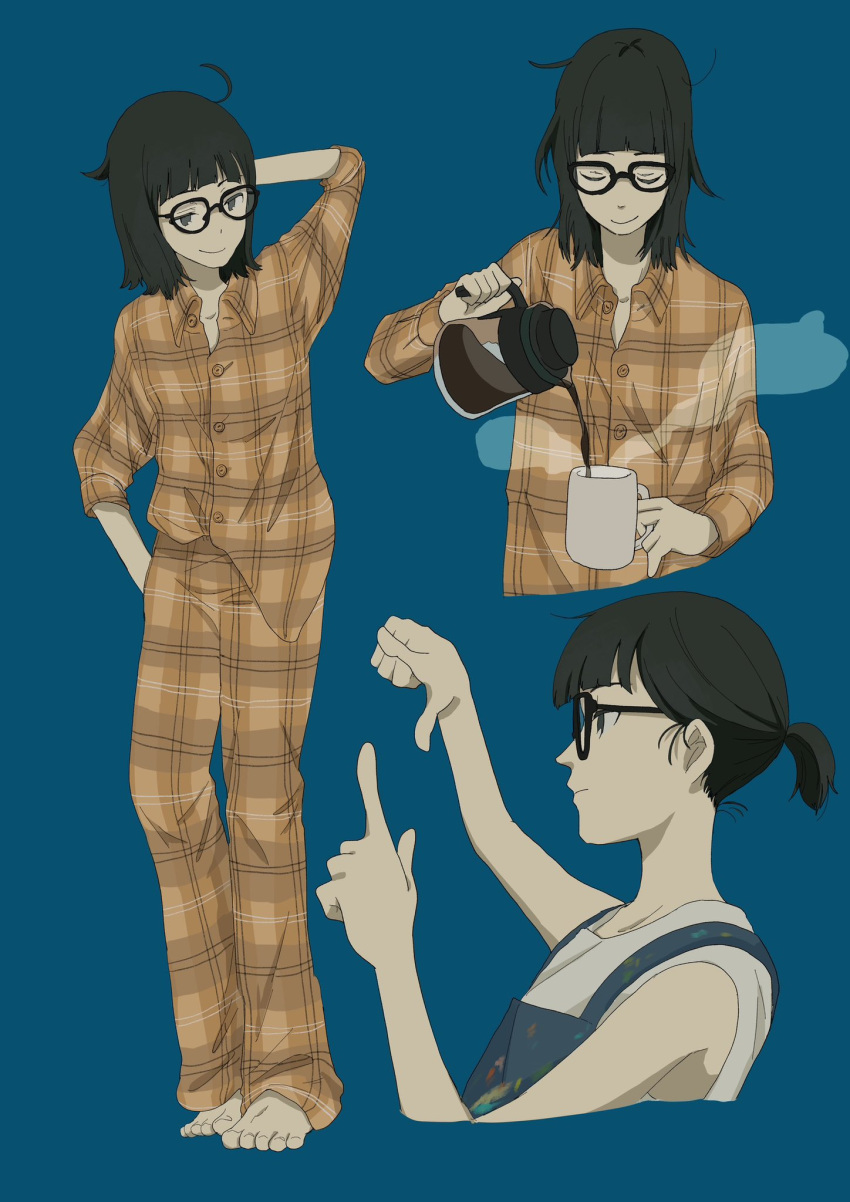 1girl arm_behind_head barefoot black_hair blue_background blunt_bangs buttons closed_eyes closed_mouth coffee cup glasses highres holding holding_cup messy_hair mug multiple_views orange_pajamas orange_pants orange_shirt original pajamas pants profile shirt short_ponytail simple_background smile standing steam toma_ssk