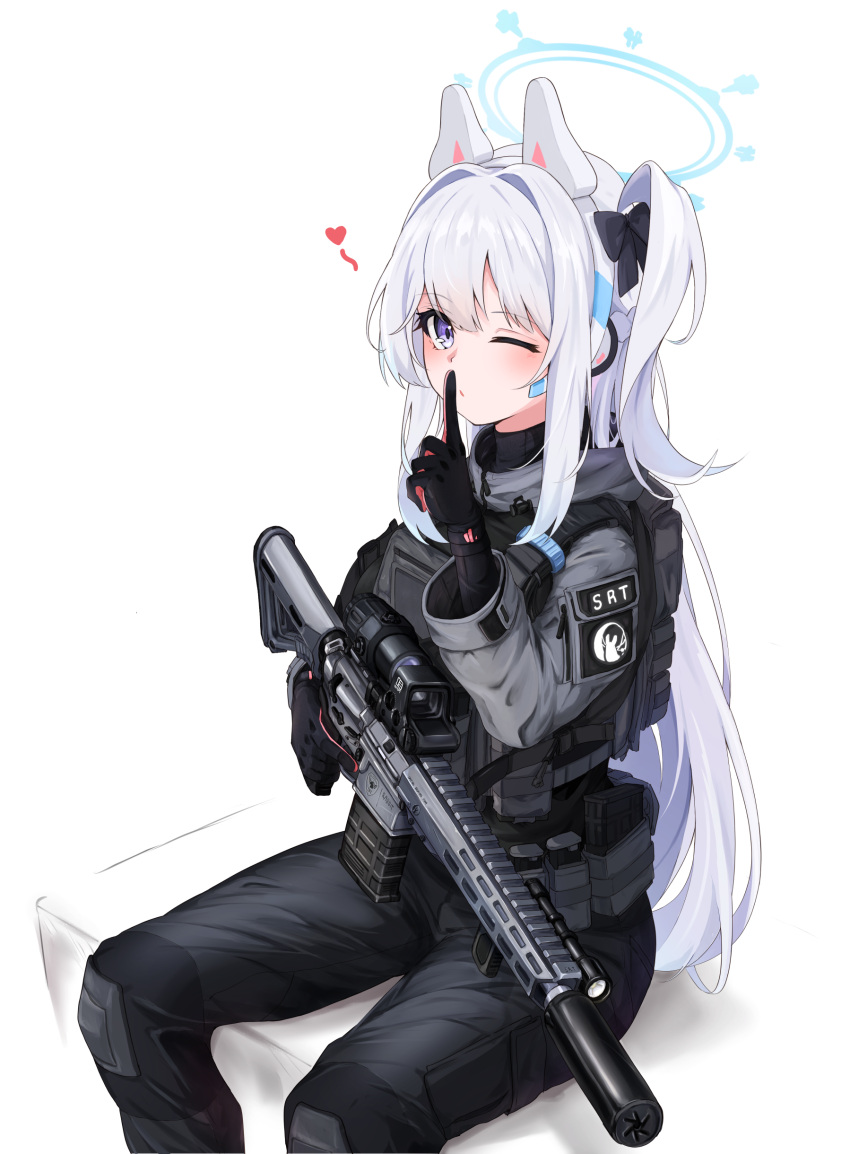 1girl absurdres animal_ears ar-15 black_gloves black_pants black_vest blue_archive blue_eyes blue_hair blue_halo bulletproof_vest clov3r earpiece fake_animal_ears finger_to_mouth gloves grey_shirt gun hair_intakes halo highres holding holding_gun holding_weapon index_finger_raised light_blue_hair long_hair looking_at_viewer miyako_(blue_archive) one_eye_closed one_side_up pants rabbit_ears rifle shirt shushing simple_background sitting solo vest weapon weapon_request white_background