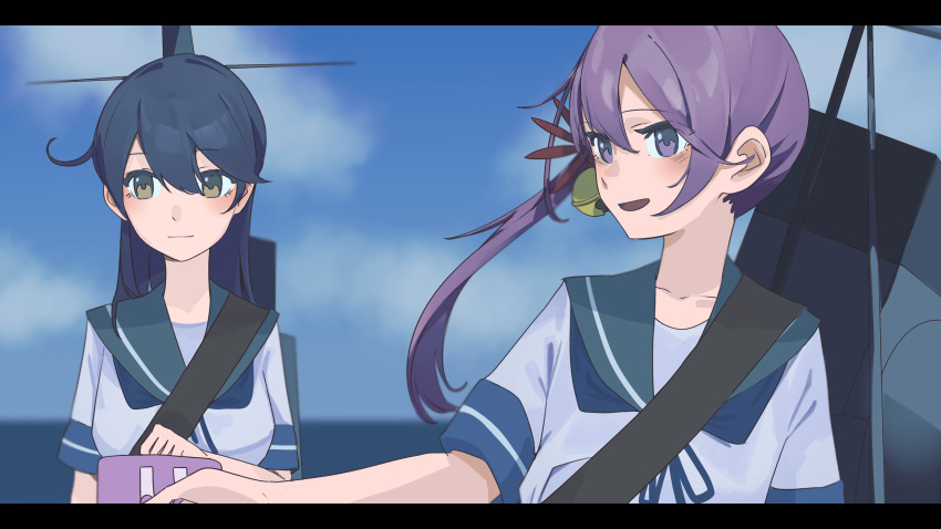 2girls absurdres akebono_(kancolle) bell blue_hair blue_sailor_collar blush breasts closed_mouth day flower hair_bell hair_between_eyes hair_flower hair_ornament hato_kan highres kantai_collection letterboxed long_hair multiple_girls open_mouth outdoors ponytail purple_hair rigging sailor_collar school_uniform serafuku short_sleeves side_ponytail ushio_(kancolle) violet_eyes