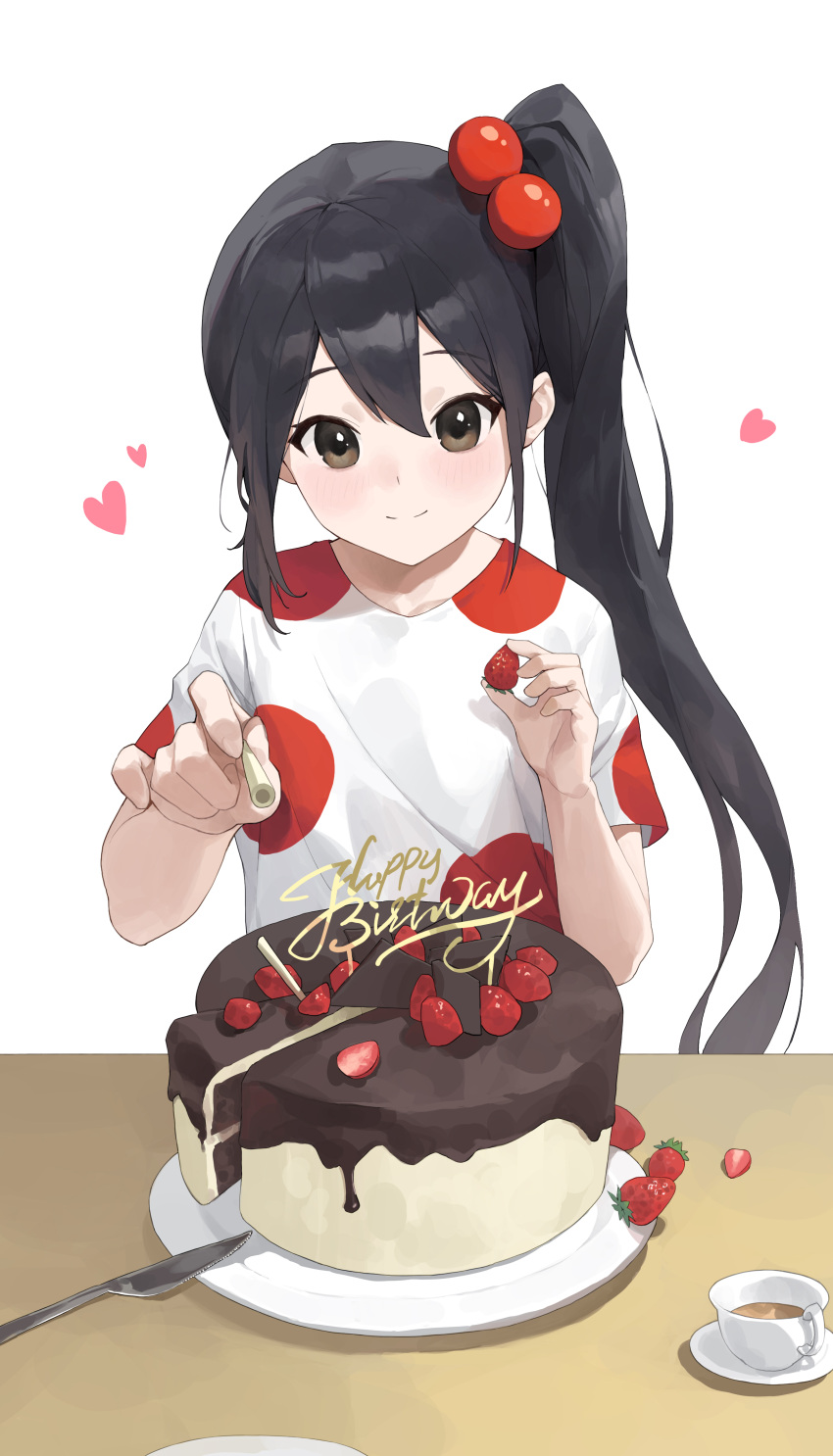 absurdres black_hair blush brown_eyes cake closed_mouth food fruit hair_bobbles hair_ornament happy_birthday heart highres holding holding_food holding_fruit huomianbao39445 k-on! knife long_hair nakano_azusa plate shirt short_sleeves side_ponytail simple_background smile strawberry upper_body white_background