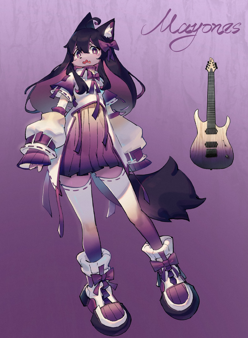 1girl absurdres ahoge animal_ear_fluff animal_ears ankle_boots black_hair body_fur boots bow bowtie bright_pupils cat_ears cat_girl cat_tail colored_inner_hair commentary detached_sleeves dress fang footwear_bow frown full_body furry furry_female gradient_legwear guitar hair_bow highres instrument jacket long_hair looking_at_viewer multicolored_hair open_mouth original personification purple_background purple_bow purple_bowtie purple_dress purple_fur purple_hair purple_theme purple_thighhighs scared shiiorina simple_background sleeves_past_wrists solo standing symbol-only_commentary tail tareme tears thigh-highs turtleneck_dress two-tone_hair violet_eyes wavy_mouth white_jacket white_pupils white_thighhighs