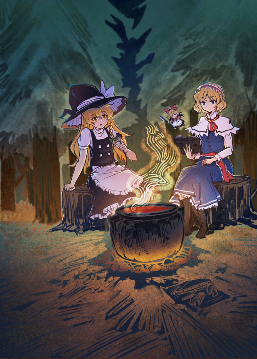 2girls :t alice_margatroid apron arm_support ascot black_headwear black_skirt black_vest blonde_hair blue_dress blue_eyes book boots bow braid brown_footwear buttons capelet cooking_pot cross-laced_footwear dress fireplace forest frilled_dress frilled_hairband frilled_ribbon frilled_skirt frills hair_bow hairband hat hat_bow highres holding holding_book kirisame_marisa long_hair multiple_girls nature puffy_short_sleeves puffy_sleeves red_ascot red_hairband ribbon shanghai_doll shirt shishui_guima short_hair short_sleeves single_braid sitting_on_tree_stump skirt touhou tree turtleneck vest waist_apron white_apron white_capelet white_shirt witch_hat yellow_eyes
