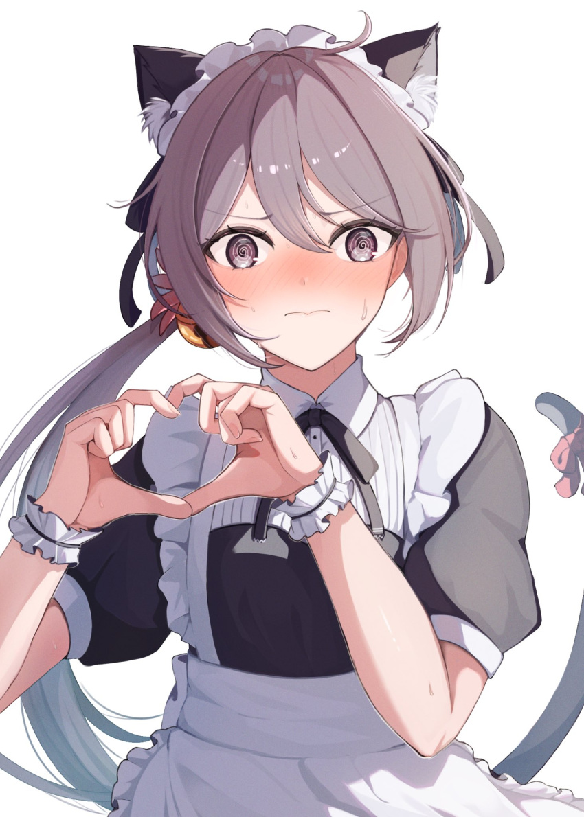 1girl @_@ akebono_(kancolle) alternate_costume animal_ears apron bell black_dress blush cat_ears cat_tail closed_mouth dress enmaided fingernails flower hair_bell hair_between_eyes hair_flower hair_ornament heart heart_hands highres jingle_bell kantai_collection long_hair looking_at_viewer maid maid_headdress pink_flower purple_hair ranran_3939 short_sleeves side_ponytail simple_background solo tail upper_body violet_eyes white_apron white_background