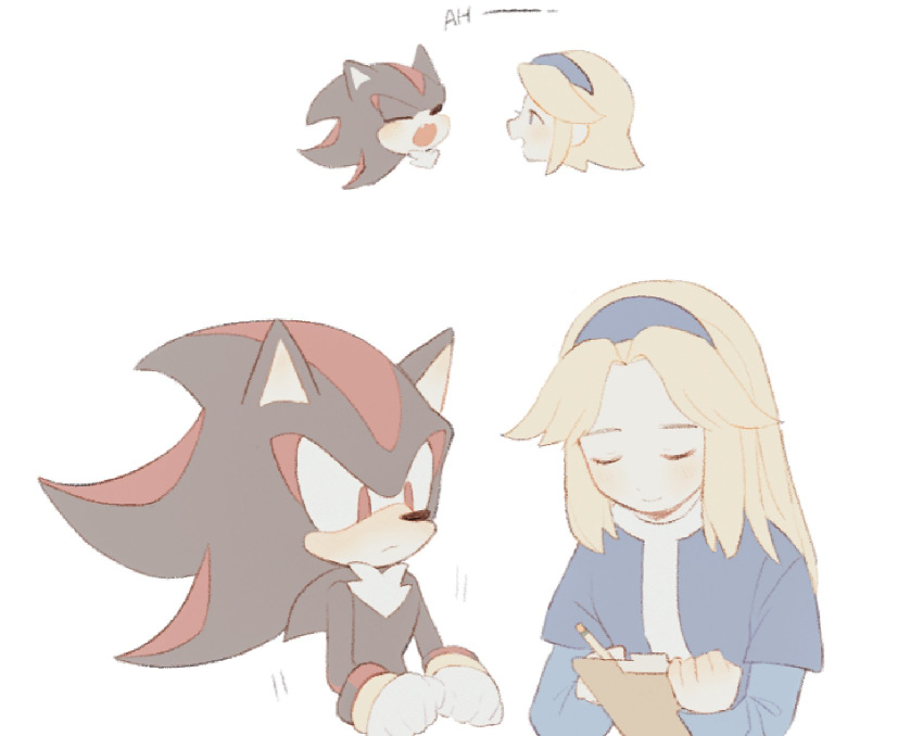 1boy 1girl animal_ears animal_nose blonde_hair blue_dress blue_hairband clipboard closed_eyes closed_mouth dress furry furry_male gloves hairband highres holding holding_clipboard long_hair looking_at_another maria_robotnik mo0n_friend open_mouth red_eyes shadow_the_hedgehog simple_background smile sonic_(series) upper_body white_background white_gloves writing
