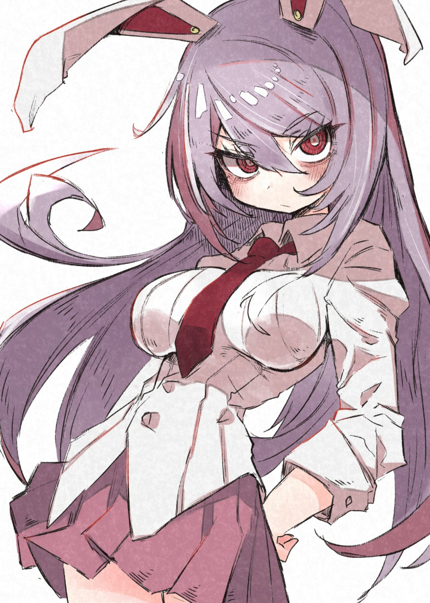 1girl animal_ears blush breasts closed_mouth collared_shirt cowboy_shot deal360acv hair_between_eyes highres long_hair long_sleeves looking_at_viewer medium_breasts necktie pink_skirt pleated_skirt purple_hair rabbit_ears red_eyes red_necktie reisen_udongein_inaba shirt simple_background skirt solo touhou white_background white_shirt