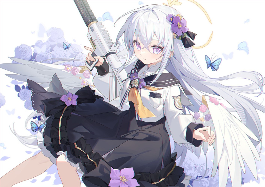 1girl assault_rifle azusa_(blue_archive) black_dress black_sailor_collar blue_archive closed_mouth commentary crossed_bangs dress feathered_wings flower flower_dress frilled_dress frills grey_hair gun hair_between_eyes hair_flower hair_ornament halo holding holding_gun holding_weapon jacket long_hair long_sleeves low_wings m4_carbine pink_flower pink_rose puffy_long_sleeves puffy_sleeves purple_flower purple_rose rifle rose sailor_collar simple_background solo violet_eyes weapon white_background white_jacket white_wings wing_ornament wings yellow_halo yunweishukuang