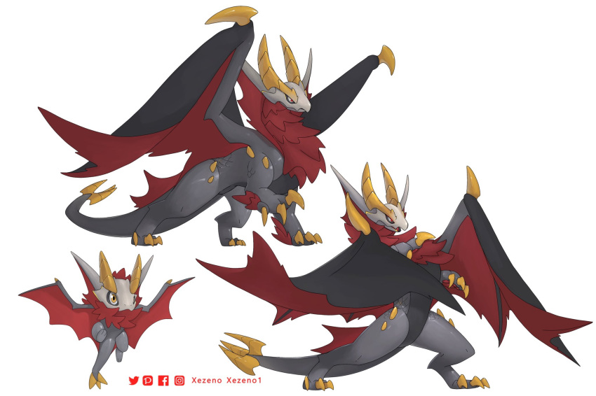 animal_focus artist_name claws commentary crossover dragon english_commentary facebook_logo facebook_username fakemon from_side full_body highres instagram_logo instagram_username mask monster_hunter_(series) nargacuga no_humans on_hind_legs open_mouth pixiv_logo pixiv_username poke_ball pokemon pokemon_(creature) rearing red_eyes simple_background skull skull_mask slit_pupils standing twitter_logo twitter_username two-tone_wings white_background wyrm wyvern xezeno yellow_eyes