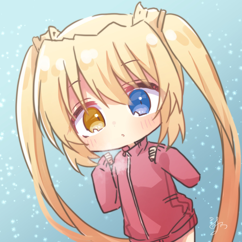 1girl absurdres blonde_hair blue_eyes blush breath chibi clenched_hands commentary hair_between_eyes hands_up heterochromia highres jacket light_blue_background long_hair looking_at_viewer nakatsu_shizuru parted_lips pink_jacket rewrite sidelocks signature simple_background sleeves_past_wrists snowflakes snowing solo track_jacket twintails utuigawa very_long_hair yellow_eyes