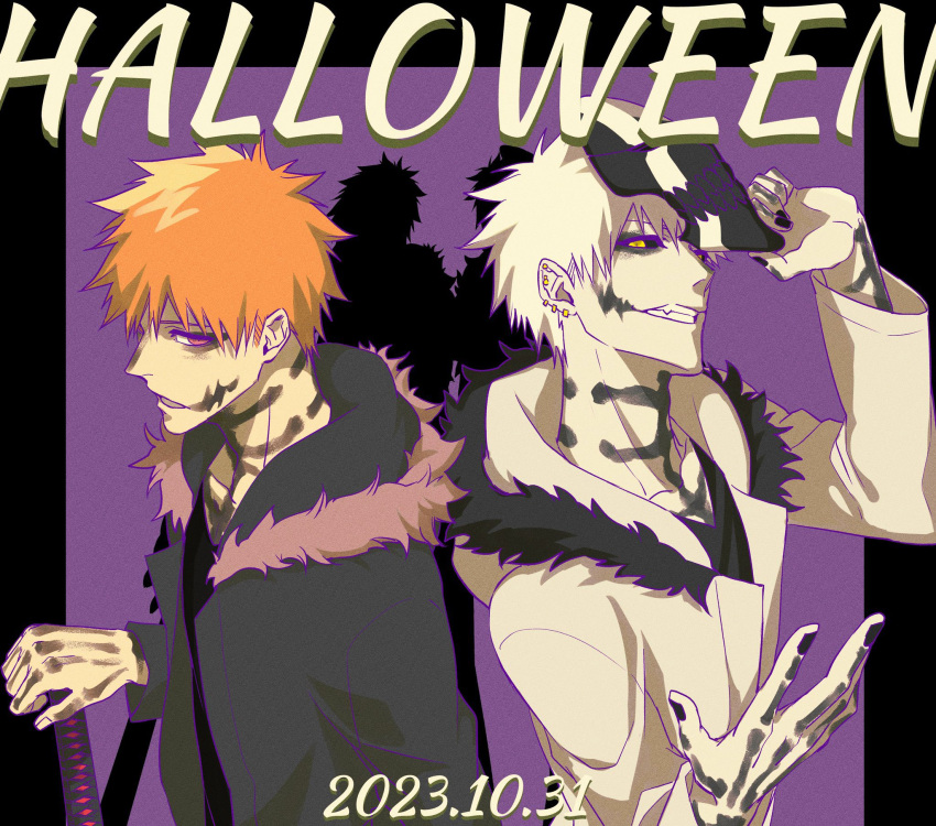 2boys black_eyeshadow black_fur black_jacket black_nails black_sclera black_shirt bleach blecc0na bodypaint brown_fur collarbone colored_sclera earrings english_text eyeshadow fur-trimmed_hood fur_trim halloween halloween_costume hand_up highres holding holding_mask holding_sword holding_weapon hollow_ichigo hollow_mask hood hood_down hooded_jacket jacket jewelry kurosaki_ichigo long_sleeves looking_at_viewer looking_to_the_side makeup male_focus mask multiple_boys open_mouth orange_hair pale_skin planted planted_sword purple_background shadow shirt skeleton_print smile sword teeth upper_body violet_eyes weapon white_hair white_jacket yellow_eyes