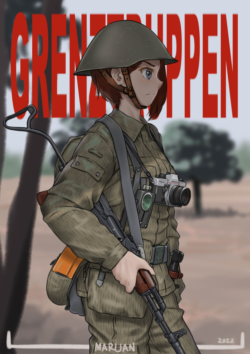 1girl 2022 absurdres ak-74 artist_name assault_rifle belt belt_buckle blue_eyes blurry blurry_background border breast_pocket brown_hair brown_jacket brown_pants buckle camera camouflage camouflage_jacket camouflage_pants chin_strap closed_mouth collared_jacket colored_text combat_helmet combat_knife commentary cowboy_shot day east_german fatigues folding_stock from_side german_commentary grenztruppen grey_belt grey_headwear gun gun_sling helmet highres inset_border jacket kalashnikov_rifle knife mardjan military military_jacket military_uniform mpi-kms-72 nationale_volksarmee nature nva_uniform original outdoors outside_border pants pocket pouch rifle savannah serious sheath short_hair soldier solo stahlhelm_m1956 strichtarn tree uniform weapon white_border
