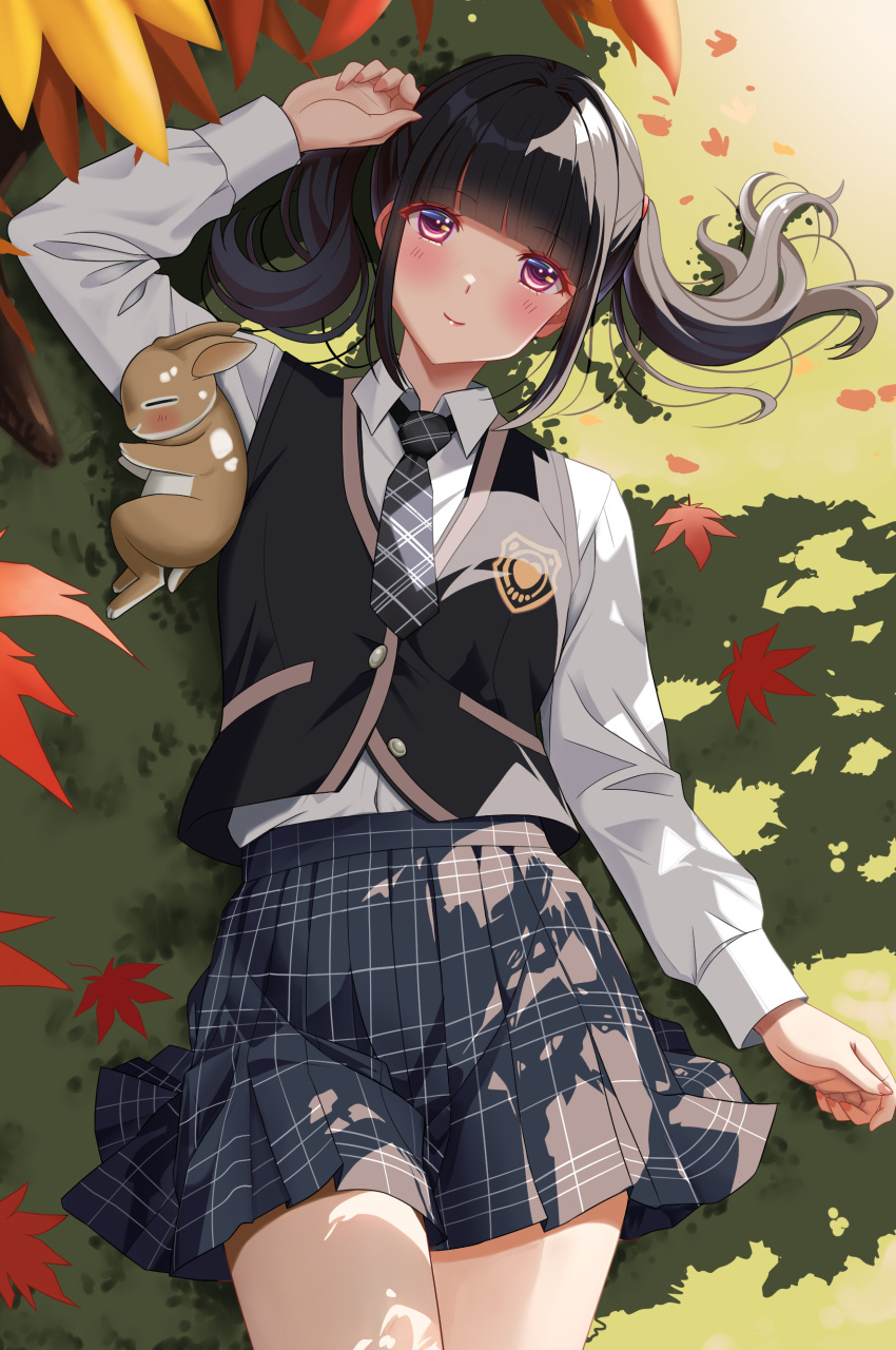 1girl absurdres akihiro0920 arm_at_side arm_up autumn_leaves black_hair black_necktie black_skirt blunt_bangs blush closed_mouth collared_shirt commentary_request grass highres leaf long_hair long_sleeves looking_at_viewer lying maple_leaf necktie original outdoors pleated_skirt rabbit shirt sidelocks skirt smile twintails uniform violet_eyes white_shirt