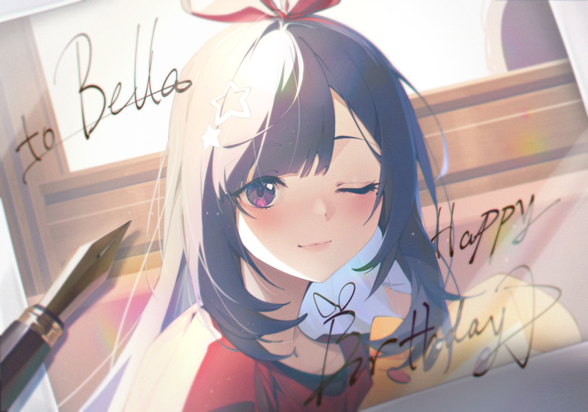 1girl a-soul azusa_hina bella_(a-soul) blue_hair blush character_name chinese_commentary closed_mouth commentary_request hair_ribbon happy_birthday long_hair looking_at_viewer one_eye_closed pen red_ribbon red_shirt ribbon shirt smile solo upper_body violet_eyes
