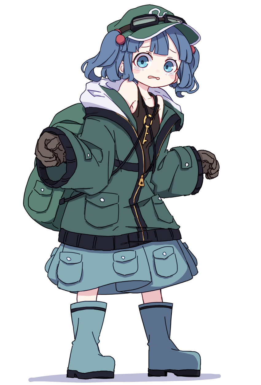 1girl absurdres black_tank_top blue_eyes blue_footwear blue_hair blush_stickers boots flat_cap full_body green_headwear green_jacket hat highres jacket kame_(kamepan44231) kawashiro_nitori key long_sleeves looking_at_viewer one-hour_drawing_challenge open_mouth short_hair simple_background solo tank_top touhou two_side_up white_background
