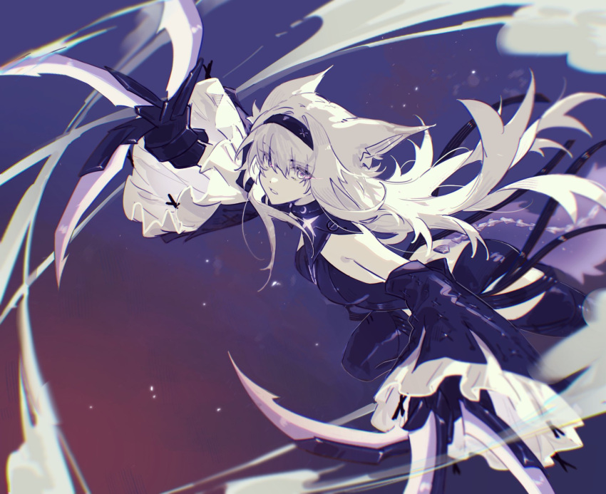 1girl animal_ears bare_shoulders black_bodysuit black_hairband black_sleeves black_thighhighs bodysuit claw_(weapon) collared_bodysuit detached_sleeves grey_eyes grey_hair hairband highres mao_(expuella) messy_hair no.21:_feral_scent_(punishing:_gray_raven) no.21_(punishing:_gray_raven) parted_lips punishing:_gray_raven sleeves_past_wrists solo star-shaped_pupils star_(symbol) symbol-shaped_pupils thigh-highs unkempt weapon wide_sleeves wolf_ears