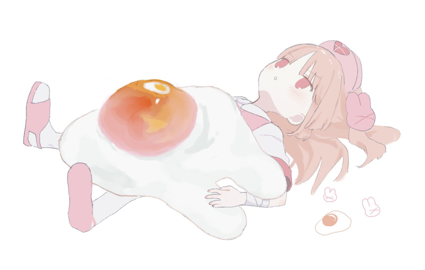 1girl blush commentary egg_yolk expressionless full_body hair_ornament hat highres light_brown_hair long_hair lying natori_sana nemuri_oekaki nurse_cap on_back oversized_food oversized_object parted_lips pink_eyes pink_footwear pink_headwear rabbit_hair_ornament sana_channel simple_background sketch solo symbol-only_commentary virtual_youtuber white_background