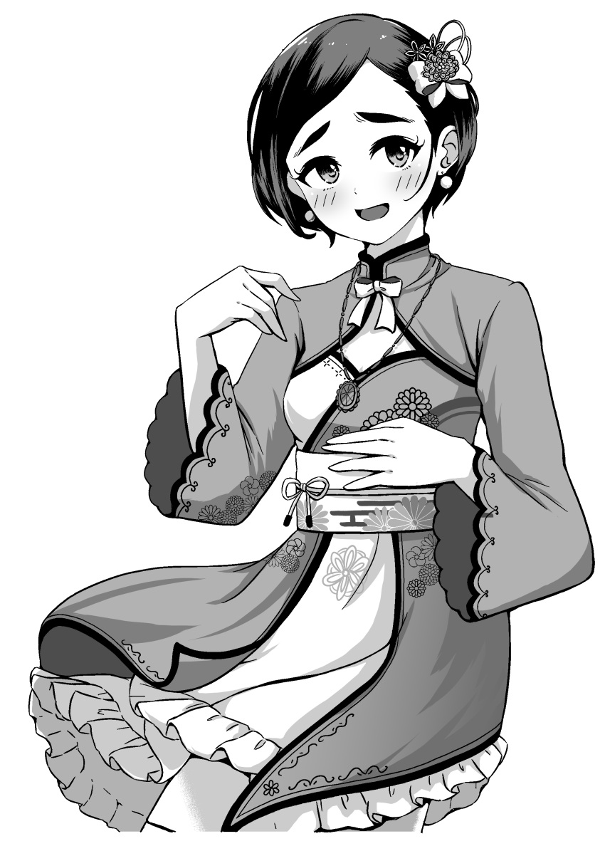 1girl :d absurdres black_hair blush bow breasts earrings greyscale hair_ornament hand_up highres idolmaster idolmaster_cinderella_girls japanese_clothes jewelry looking_at_viewer matsuo_chizuru monochrome necklace short_hair sitting small_breasts smile solo sonakao wide_sleeves