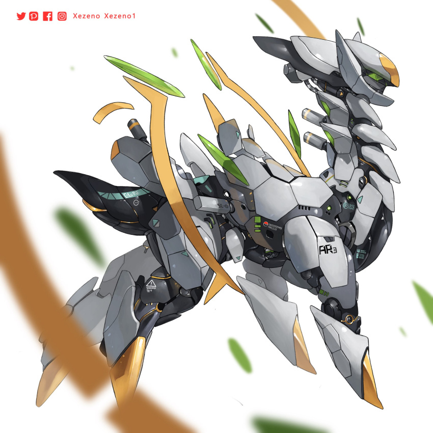 animal_focus arceus artist_name blurry colored_sclera commentary depth_of_field english_commentary facebook_logo facebook_username floating full_body green_eyes green_sclera highres instagram_logo instagram_username mecha mechanization no_humans no_pupils pixiv_logo pixiv_username pokemon pokemon_(creature) robot simple_background solo twitter_logo twitter_username white_background xezeno