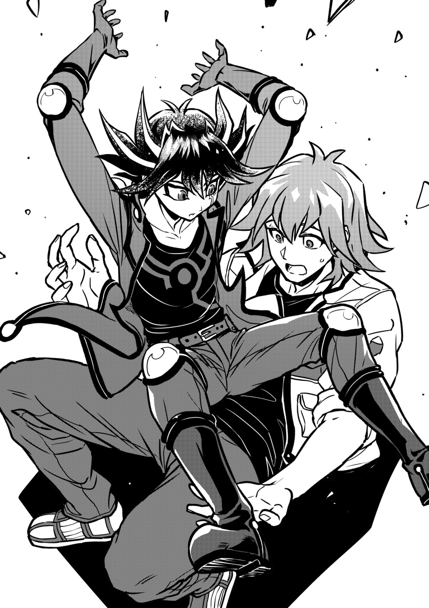 2boys :o absurdres arms_up belt black_hair black_shirt boots bruno_(yu-gi-oh!) catching elbow_pads facial_tattoo falling fudou_yuusei glass_shards gloves greyscale high_collar highres jacket knee_pads knees_up male_focus monochrome multiple_boys open_clothes open_jacket outstretched_arms pants screentones shadow shirt shoes short_hair simple_background sleeves_rolled_up sneakers spiky_hair surprised sweatdrop tattoo worried youko-shima yu-gi-oh! yu-gi-oh!_5d's