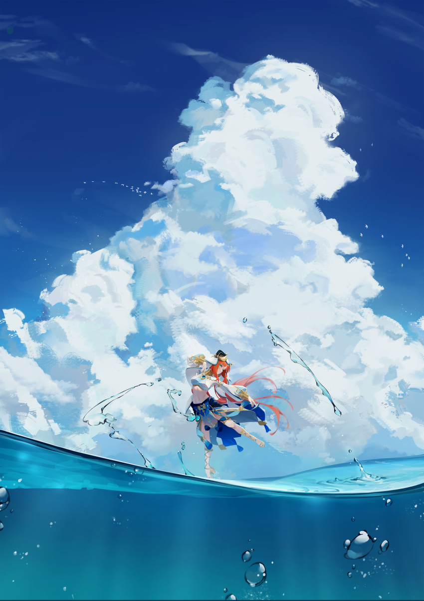 1girl absurdres azusa_hina blue_sky chinese_commentary clouds cloudy_sky commentary_request cumulonimbus_cloud full_body genshin_impact harem_outfit highres long_hair looking_at_viewer navel nilou_(genshin_impact) ocean orange_hair scenery sky solo very_long_hair white_veil wide_shot