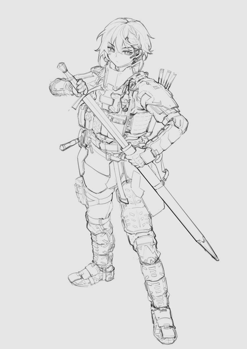 absurdres armor character_request commentary_request copyright_request earpiece grey_background hair_between_eyes highres holding holding_sword holding_weapon long_sleeves military_uniform monochrome sheath short_hair simple_background sketch solo sword tuziki_sang uniform weapon