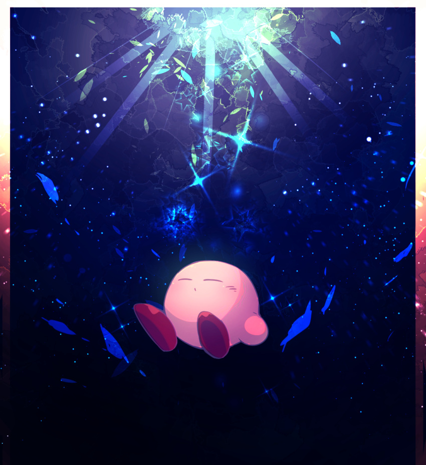 1other blush_stickers closed_eyes colored_skin commentary_request highres kirby kirby_(series) no_humans parted_lips petals pink_skin red_footwear shirushiki shoes solo sparkle star_(symbol) sunlight underwater