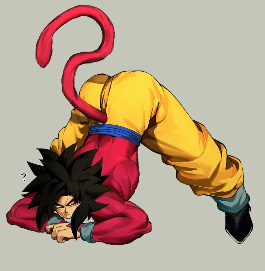 1boy absurdres arched_back arm_rest biceps black_hair blue_sash blue_wristband body_fur dragon_ball dragon_ball_gt flexible full_body gigatan_d hands_on_ground highres jack-o'_challenge legs_apart long_hair looking_at_viewer male_focus meme monkey_boy monkey_tail muscular muscular_male no_nipples pants pectorals red_fur saiyan sash simple_background solo son_goku spiky_hair spread_legs stretching super_saiyan super_saiyan_4 tail top-down_bottom-up wide_spread_legs yellow_eyes yellow_pants