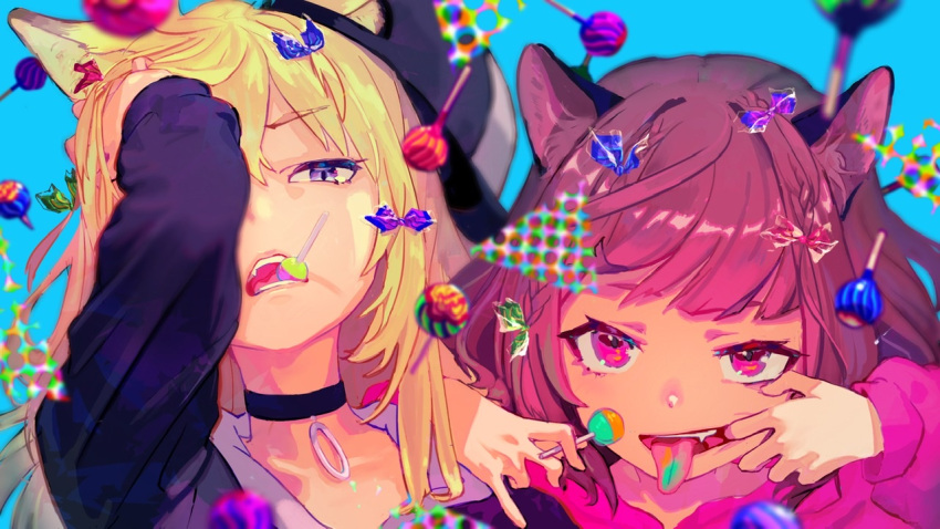 2girls adjusting_hair animal_ear_fluff animal_ears arm_up backwards_hat baseball_cap black_choker black_headwear black_jacket blonde_hair blue_background blurry blurry_foreground brown_hair candy cat_ears choker colored_tongue commentary_request eyelid_pull fang finger_in_own_mouth food hand_in_own_hair hands_up hat holding holding_candy holding_food holding_lollipop hood hoodie jacket k725 kmnz lollipop long_hair long_sleeves looking_at_viewer mc_lita mc_liz mouth_hold mouth_pull multiple_girls o-ring o-ring_choker open_mouth pink_hoodie short_hair smile tongue tongue_out upper_body violet_eyes virtual_youtuber