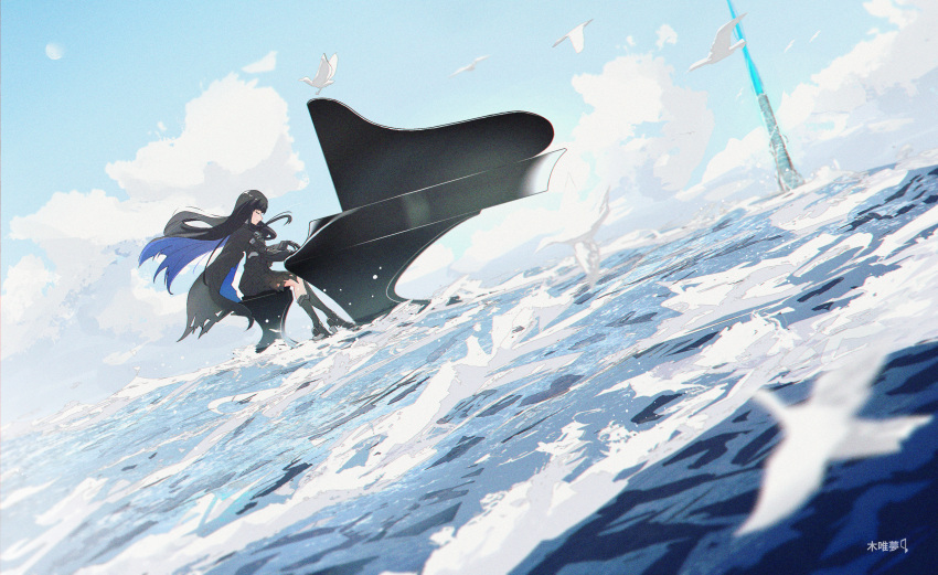 1girl absurdres bird black_coat black_dress black_hair black_socks blue_coat blue_hair closed_eyes clouds coat colored_inner_hair dress grand_piano highres instrument long_sleeves mechanical_arms multicolored_hair music ocean piano playing_instrument playing_piano punishing:_gray_raven puyuyan seagull selena:_tempest_(punishing:_gray_raven) selena_(punishing:_gray_raven) sky socks solo waves