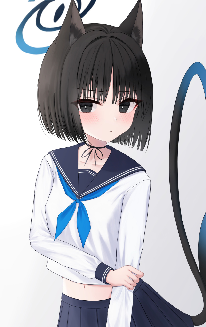 1girl absurdres animal_ears black_eyes black_hair black_sailor_collar black_skirt blue_archive blue_halo blue_neckerchief blush cat_ears cat_tail eyeliner halo highres iris37337 kikyou_(blue_archive) long_sleeves looking_at_viewer makeup multiple_tails navel neckerchief parted_lips pleated_skirt red_eyeliner sailor_collar short_hair simple_background skirt solo tail two_tails white_background