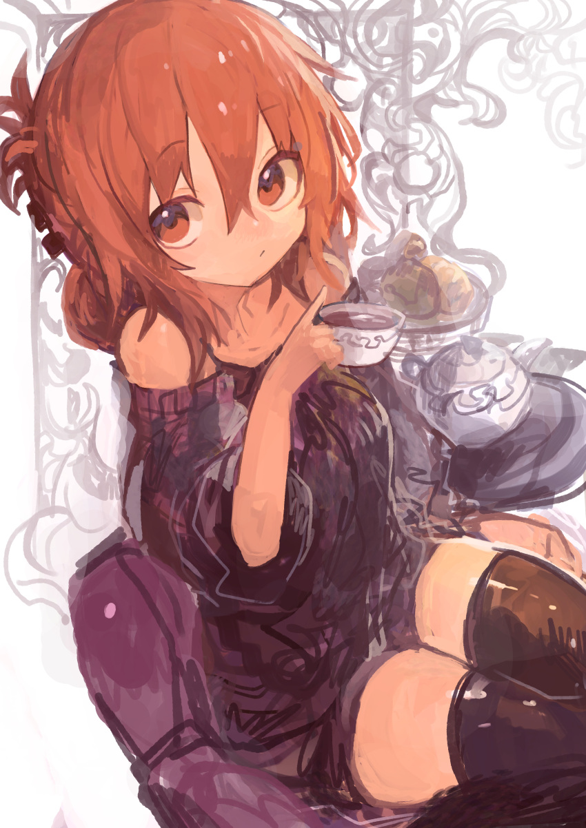 1girl :/ absurdres alternate_costume black_sweater black_thighhighs brown_eyes brown_hair closed_mouth cowboy_shot cup folded_ponytail hair_between_eyes highres holding holding_cup inazuma_(kancolle) kaamin_(mariarose753) kantai_collection long_hair long_sleeves looking_at_viewer sitting solo sweater tea thigh-highs