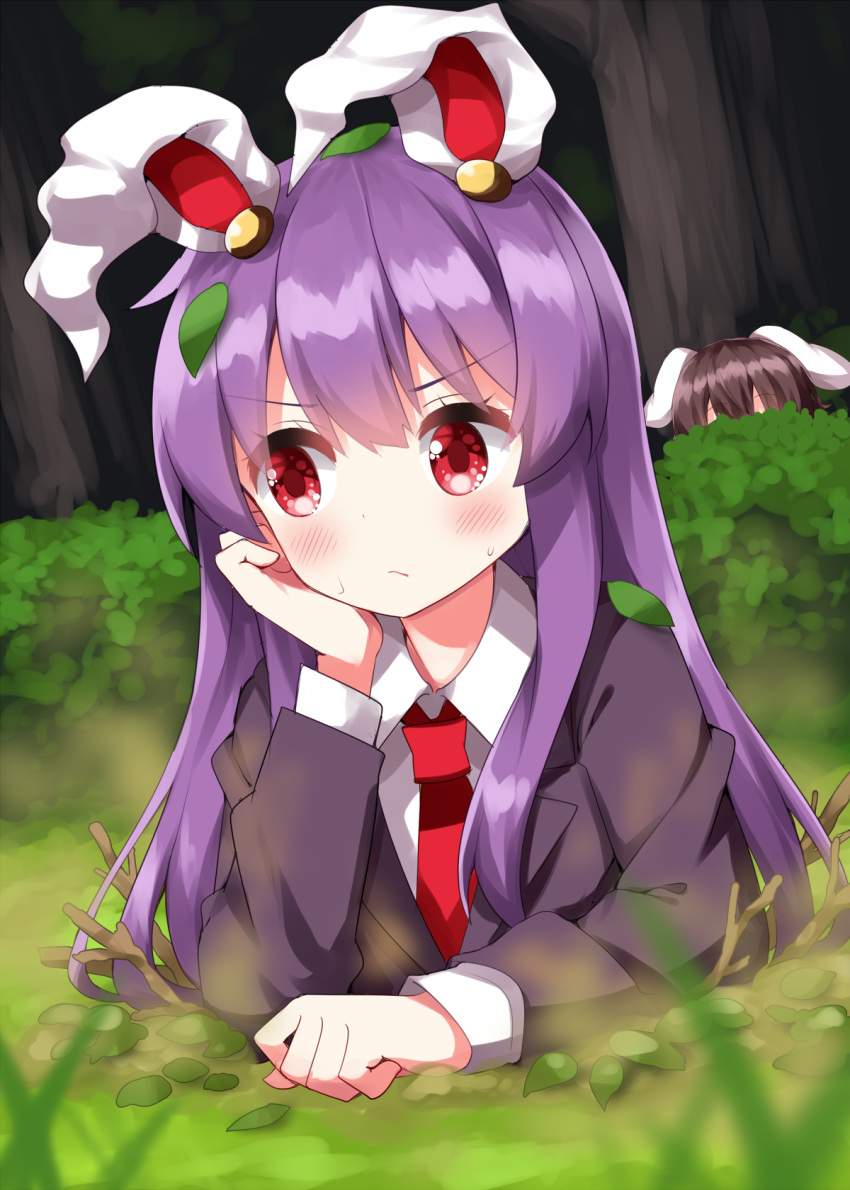 2girls animal_ears black_hair black_jacket blazer blush closed_mouth collared_shirt forest highres inaba_tewi jacket leaf leaf_on_head long_hair long_sleeves multiple_girls nature necktie purple_hair rabbit_ears red_eyes red_necktie reisen_udongein_inaba ruu_(tksymkw) shirt short_hair touhou tree white_shirt