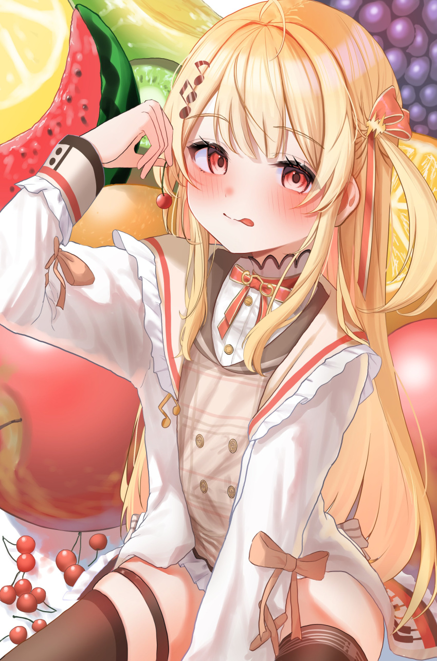 1girl absurdres ahoge apple blonde_hair brown_thighhighs cherry food fruit grapes hair_ornament highres hololive hololive_dev_is jacket kiwi_(fruit) kiwi_slice licking_lips long_hair musical_note musical_note_hair_ornament otonose_kanade red_eyes thigh-highs tongue tongue_out uzuraa virtual_youtuber watermelon white_jacket