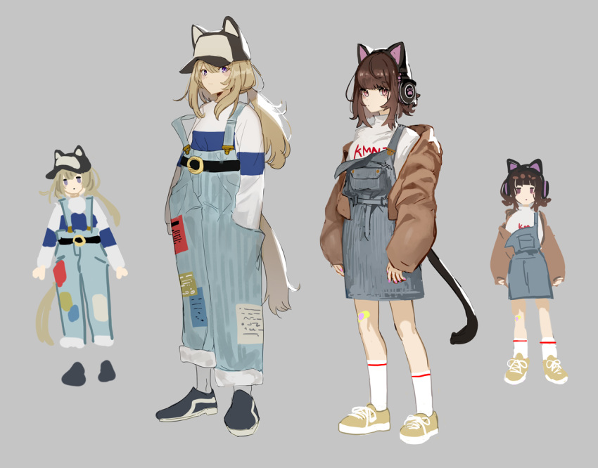 2girls animal_ear_headphones animal_ears animal_hat arms_at_sides baseball_cap belt black_belt black_footwear blonde_hair blue_overalls brown_hair cat_ear_headphones cat_tail closed_mouth commentary_request dog_tail fake_animal_ears full_body grey_background hands_in_pockets hat headphones kmnz long_hair long_sleeves looking_at_viewer mc_lita mc_liz multiple_girls multiple_views overall_skirt overalls ponytail seimannu shoes short_hair simple_background sneakers socks standing sweater tail violet_eyes virtual_youtuber white_socks white_sweater yellow_footwear