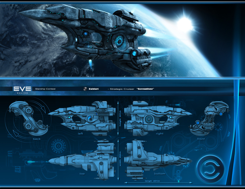 3d blue_theme caldari_state_(eve_online) cannon capp007 clouds commentary concept_art copyright_name cruiser_(eve_online) emblem energy_cannon eve_online flying from_side glowing highres in_orbit letterboxed logo military_vehicle multiple_views no_humans ocean original outdoors planet realistic reference_sheet science_fiction space spacecraft star_(sky) strategic_cruiser_(eve_online) tech_3_ship_(eve_online) thrusters vehicle_focus vernier_thrusters