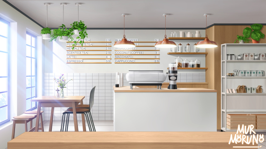 absurdres blender_(object) cafe ceiling_light chair commission highres indie_virtual_youtuber indoors murmoruno no_humans plant potted_plant scenery shelf table virtual_youtuber window