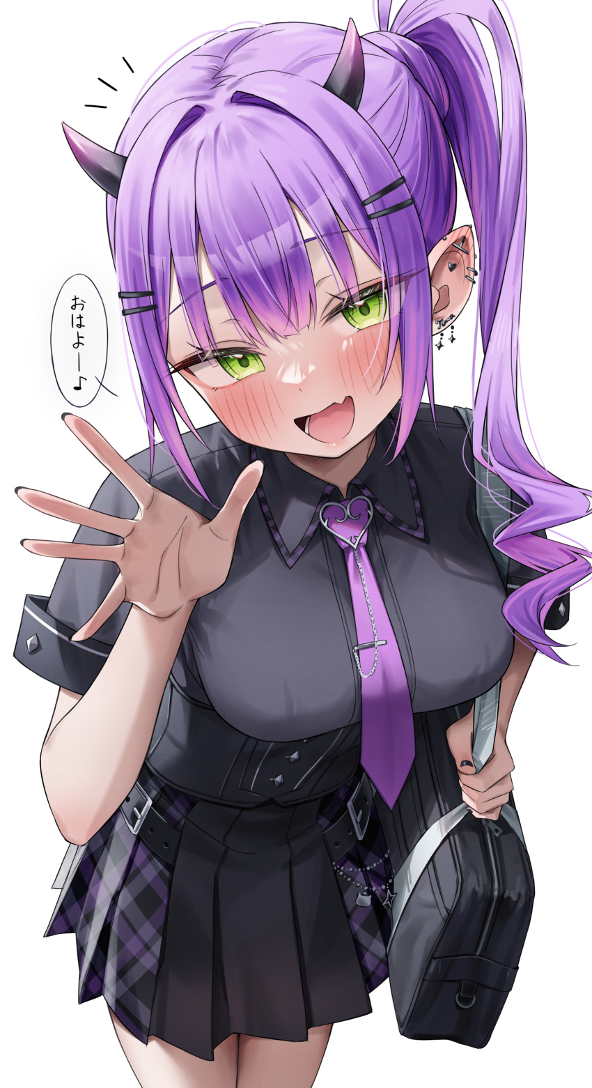 1girl :d absurdres bag black_nails blush breasts ear_piercing earrings green_eyes green_tea_(greente42869067) hair_ornament highres hololive horns jewelry looking_at_viewer necktie piercing pleated_skirt pointy_ears purple_hair road_sign school_bag school_uniform side_ponytail sign simple_background skirt smile solo tokoyami_towa translated virtual_youtuber white_background