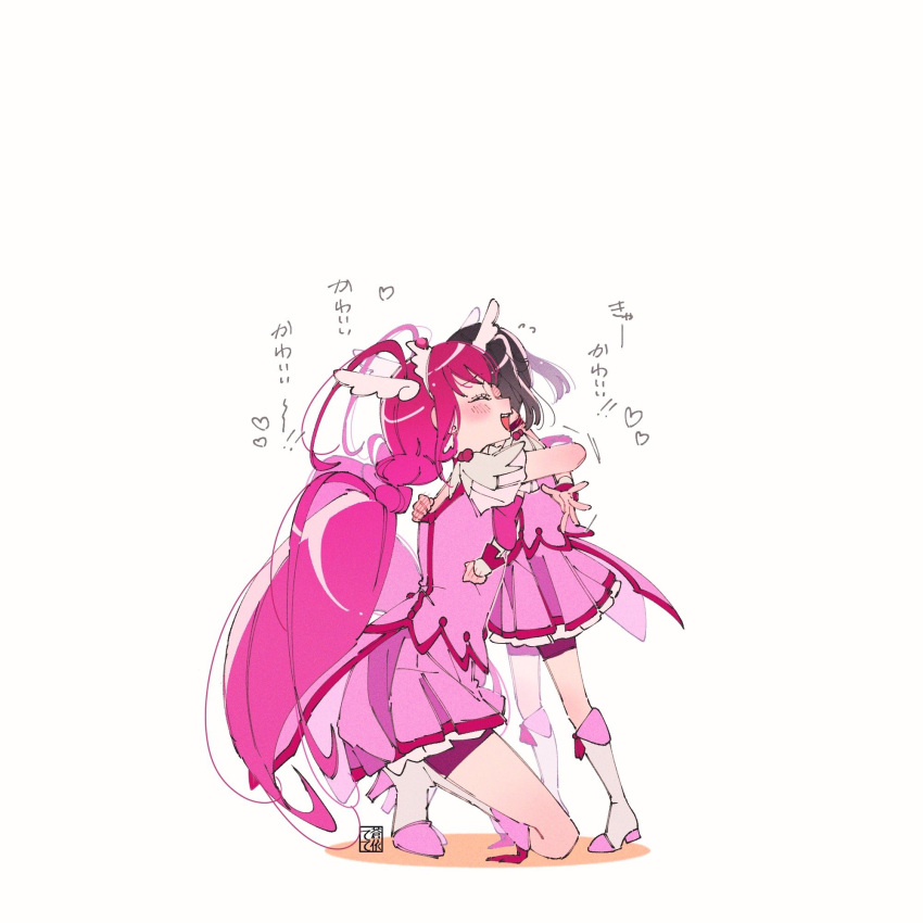 2girls artist_logo bike_shorts bike_shorts_under_skirt blush boots closed_eyes commentary_request cosplay cure_happy cure_happy_(cosplay) dress earrings eyelashes hair_ornament happy high_heel_boots high_heels highres hoshizora_miyuki jewelry long_hair magical_girl multiple_girls pink_dress pink_hair pink_shorts pink_skirt precure shorts shorts_under_skirt simple_background skirt smile smile_precure! tete_a translation_request twintails white_background wrist_cuffs